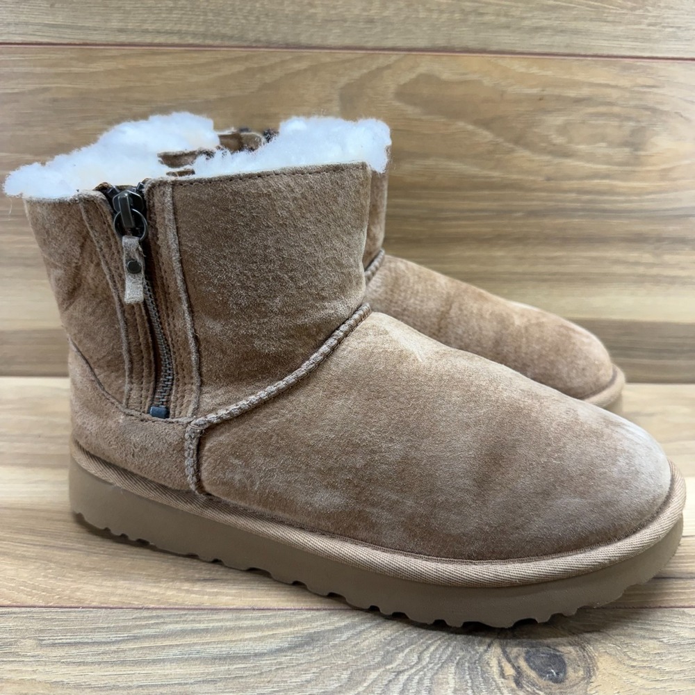 UGG Classic Mini Double Zip Boot 7 Chestnut Suede Sherpa Fur Cozy Cottagecore